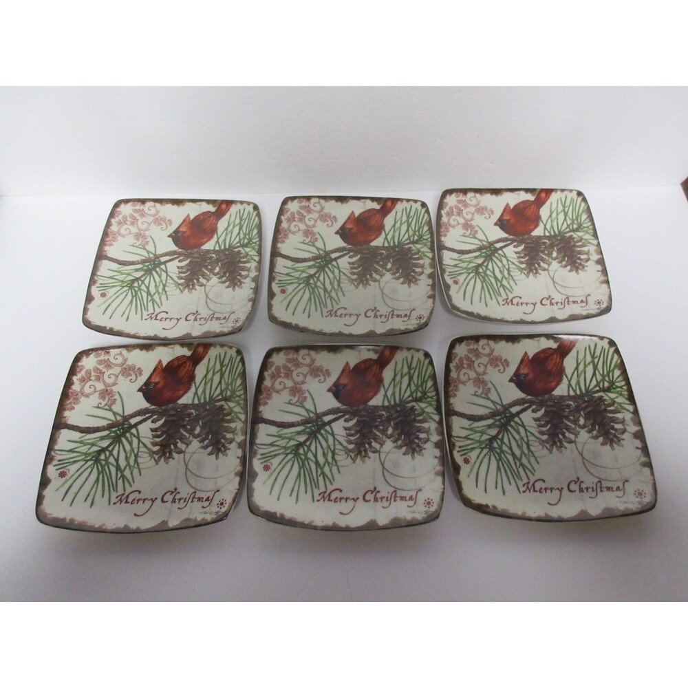 Carson SET OF 6-MERRY CHRISTMAS Cardinal on branch Dessert Salad Plates  6.5"